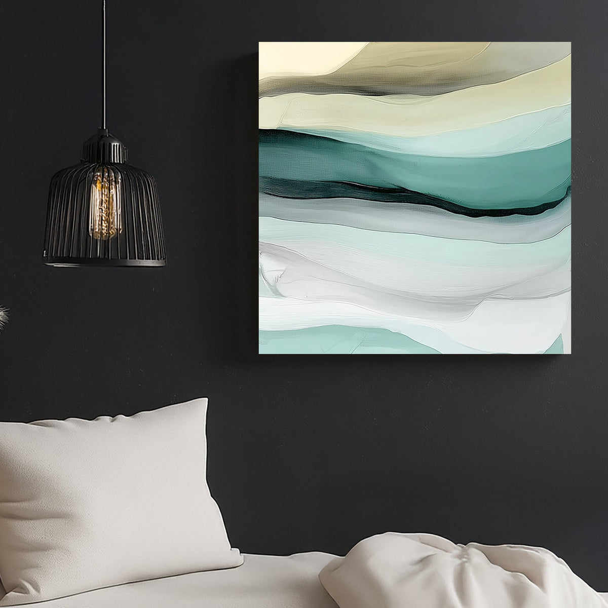 Abstract layered wall art in soft teal, sage, beige, and white, resembling ocean waves and sandy shores.