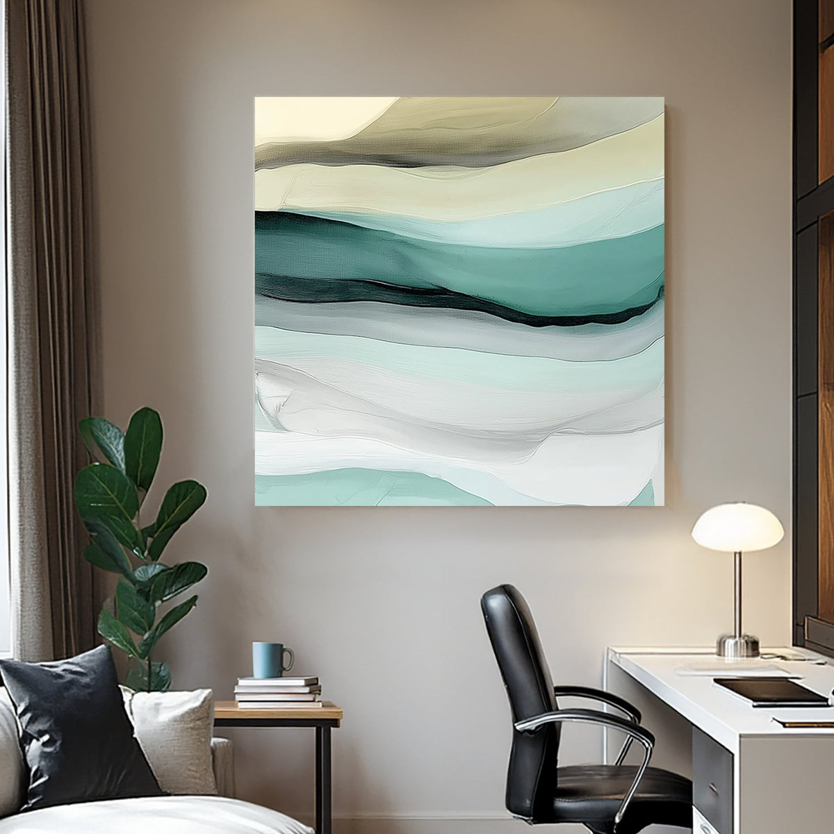 Abstract layered wall art in soft teal, sage, beige, and white, resembling ocean waves and sandy shores.