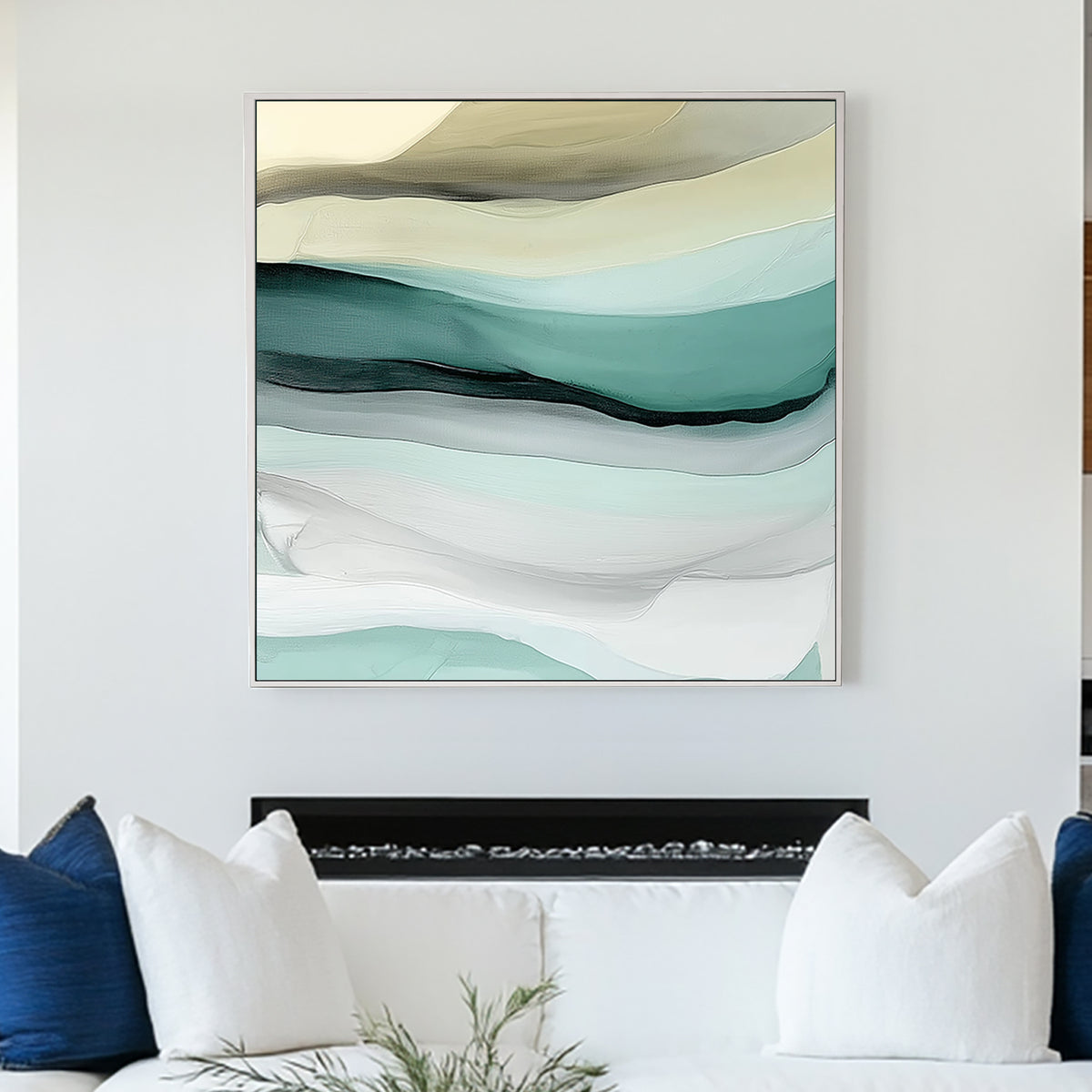 Abstract layered wall art in soft teal, sage, beige, and white, resembling ocean waves and sandy shores.