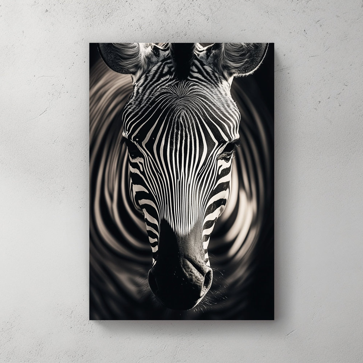 Black and white zebra close-up with detailed stripes and an abstract swirling background.