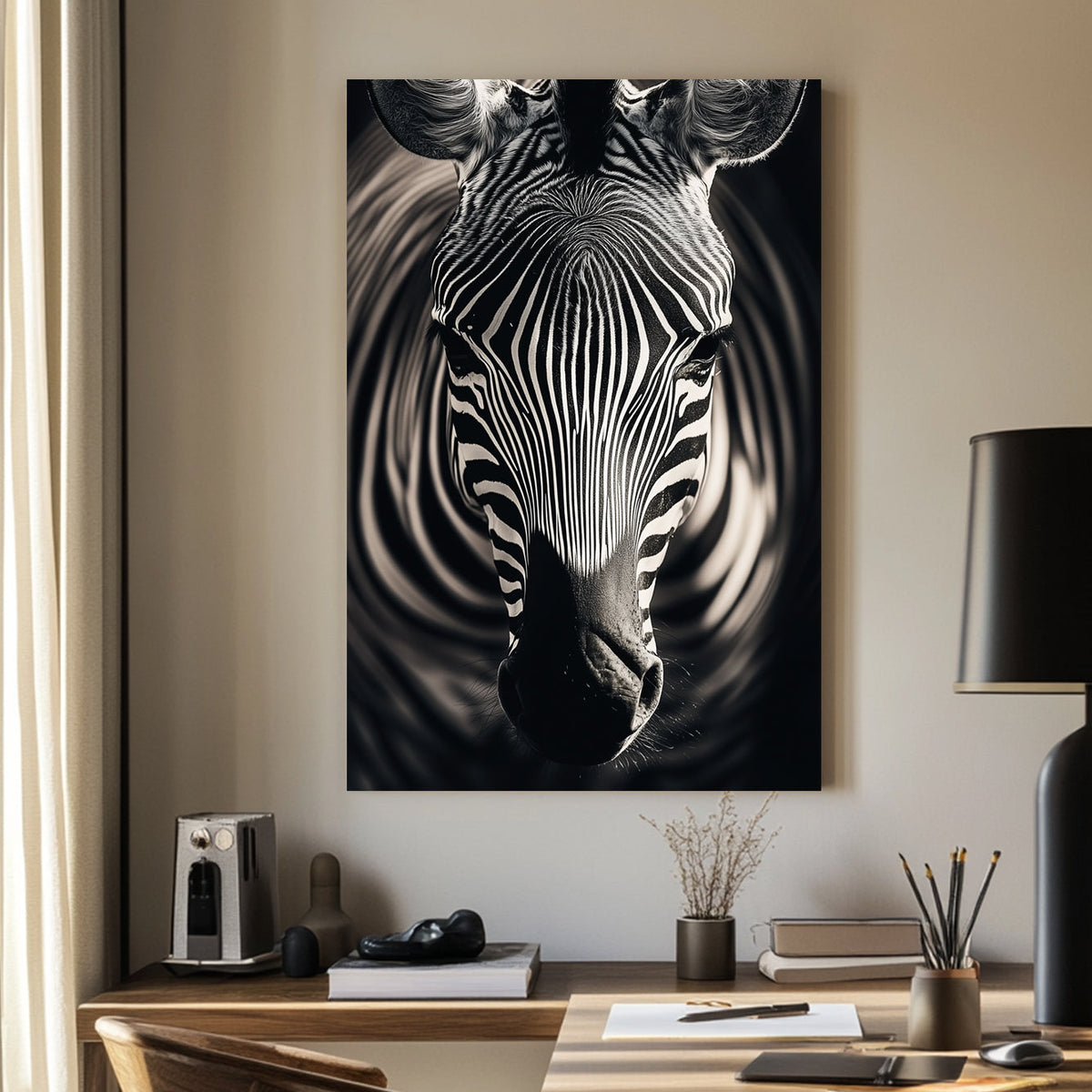 Black and white zebra close-up with detailed stripes and an abstract swirling background.