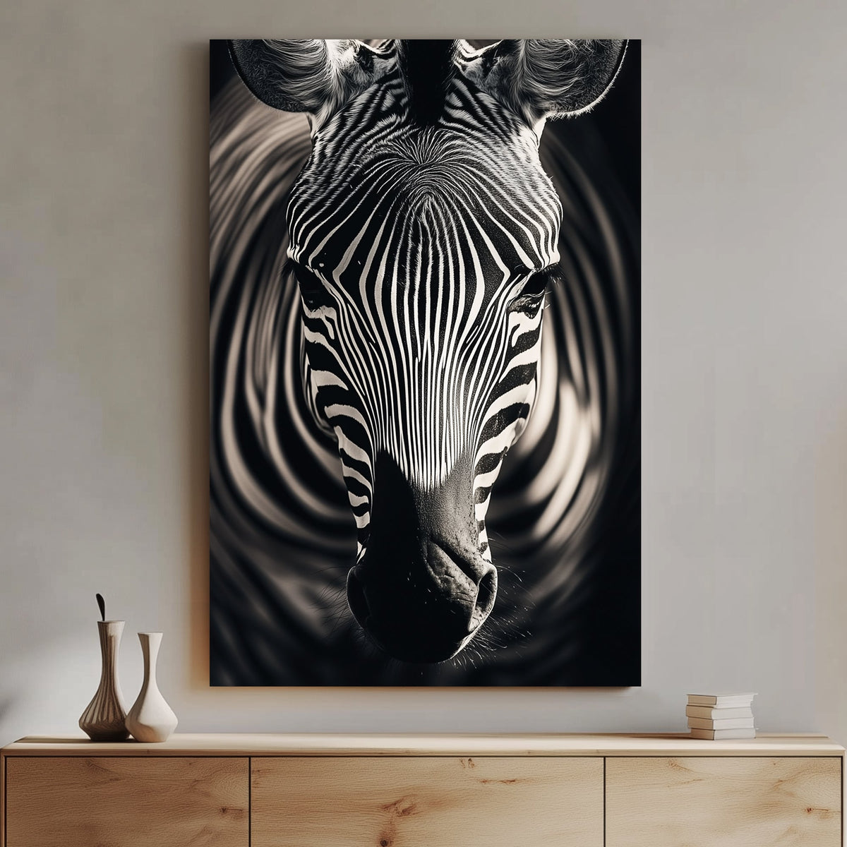 Black and white zebra close-up with detailed stripes and an abstract swirling background.