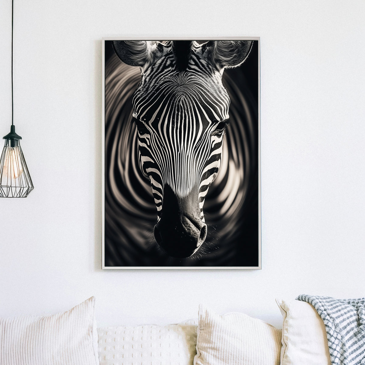 Black and white zebra close-up with detailed stripes and an abstract swirling background.
