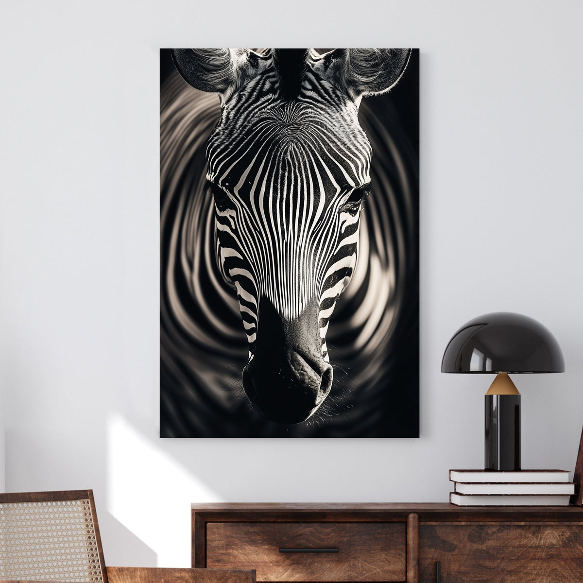 Black and white zebra close-up with detailed stripes and an abstract swirling background.