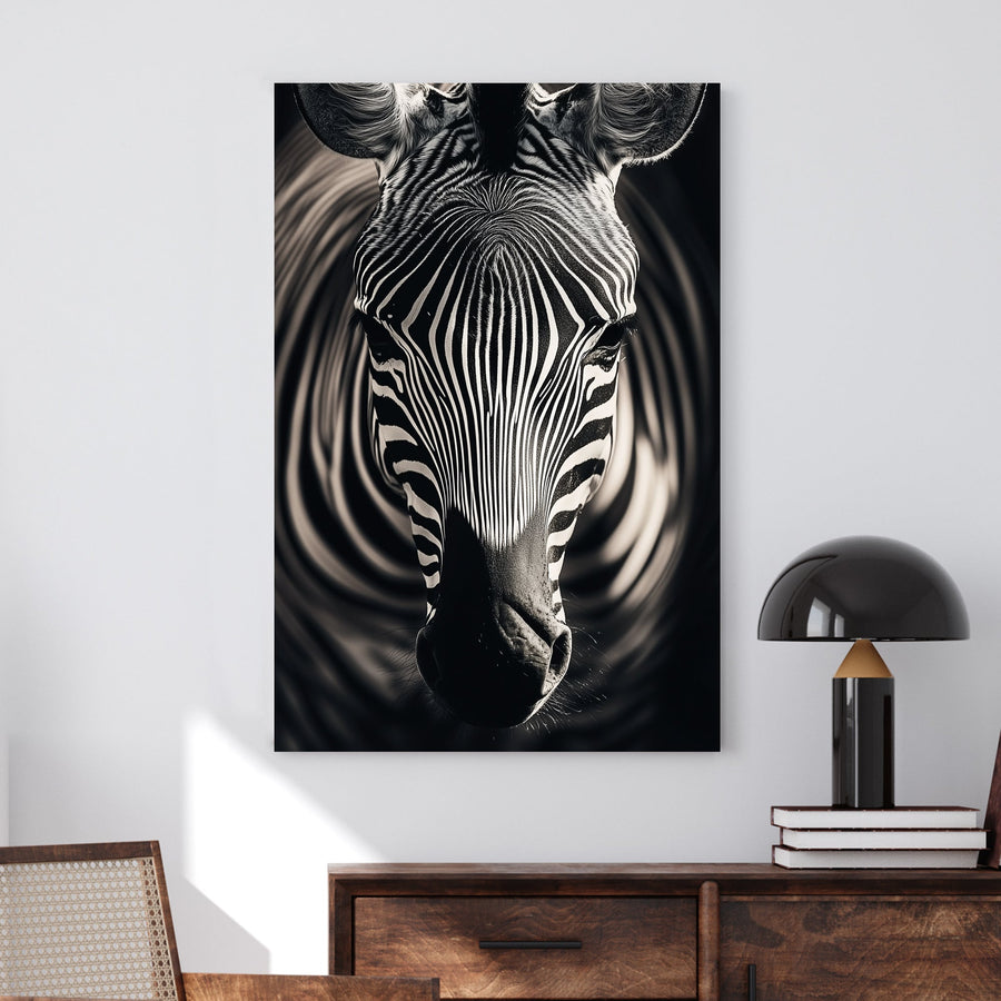 Black and white zebra close-up with detailed stripes and an abstract swirling background.