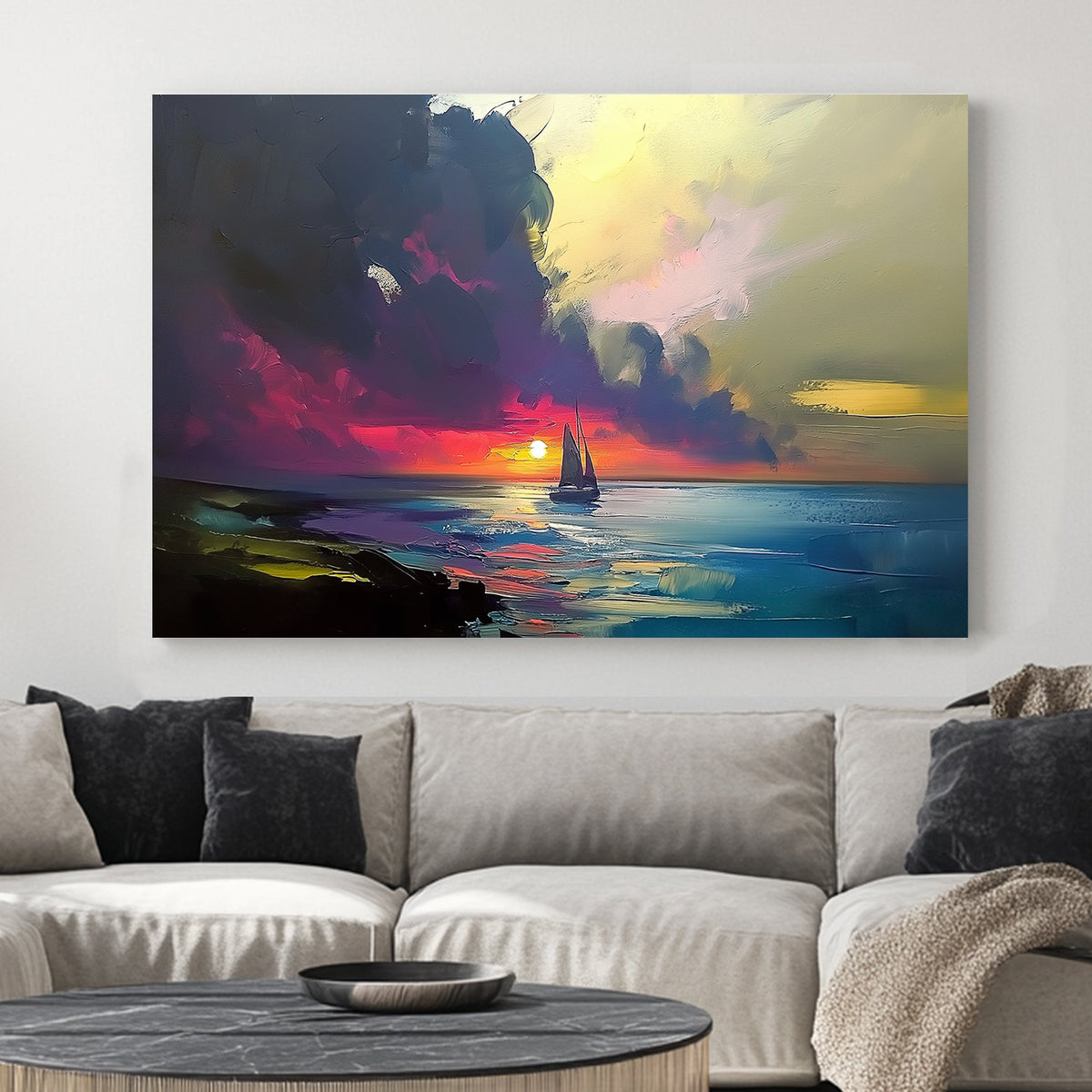 Impressionist-style wall art of a sailboat on the ocean at sunset, with rich hues of red, purple, and gold.