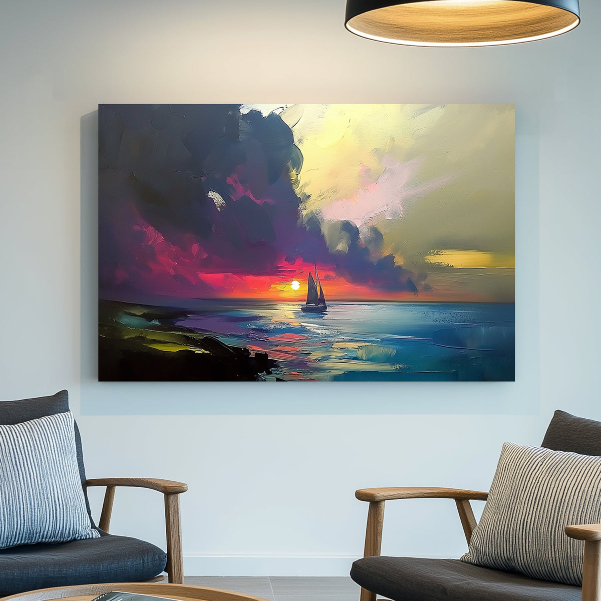 Impressionist-style wall art of a sailboat on the ocean at sunset, with rich hues of red, purple, and gold.
