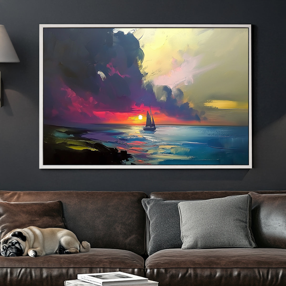 Impressionist-style wall art of a sailboat on the ocean at sunset, with rich hues of red, purple, and gold.