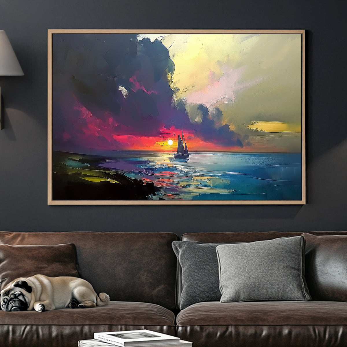 Impressionist-style wall art of a sailboat on the ocean at sunset, with rich hues of red, purple, and gold.