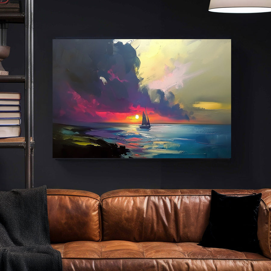 Impressionist-style wall art of a sailboat on the ocean at sunset, with rich hues of red, purple, and gold.