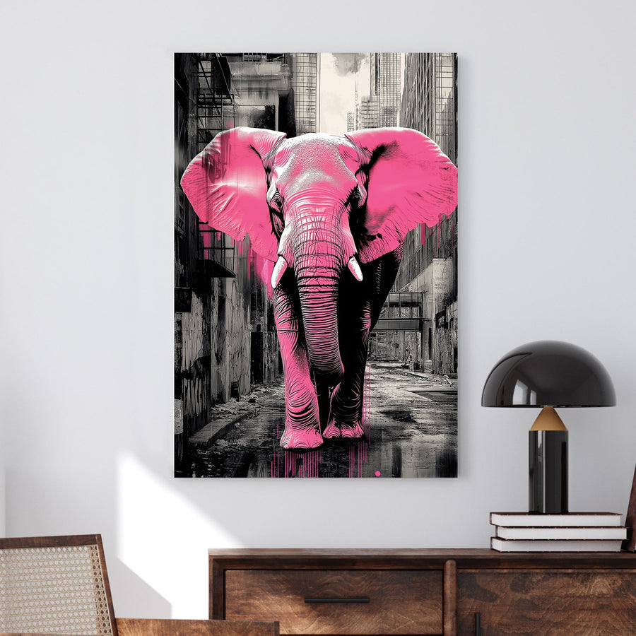 Pop-graffiti artwork of a pink elephant walking through a black-and-white cityscape with dripping paint effects.