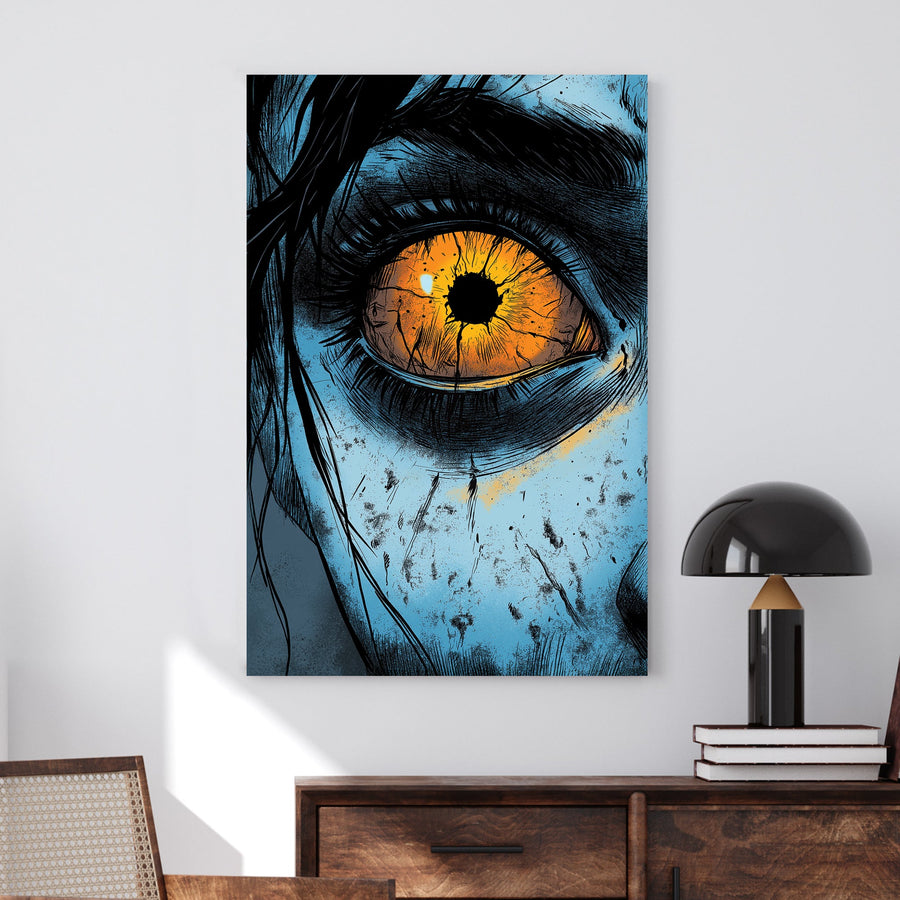 Close-up of a fiery orange cracked zombie eye in a surreal comic book-style wall art piece.