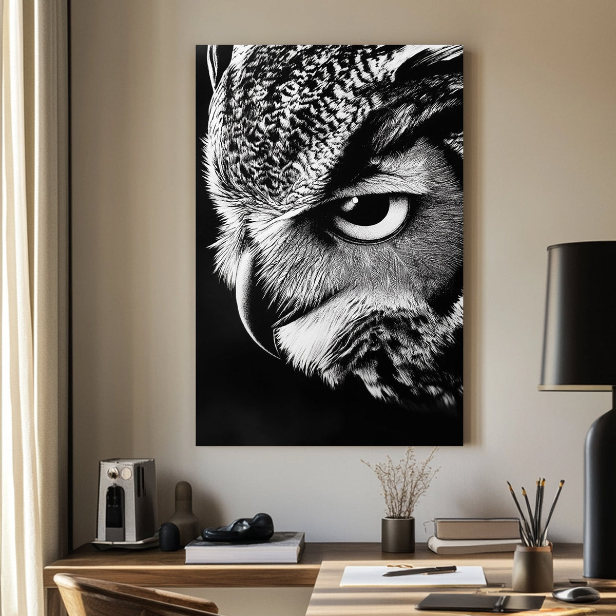 High-contrast black and white owl close-up wall art with intense gaze.