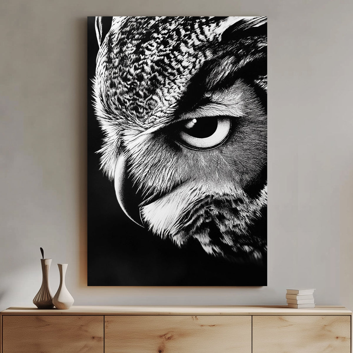 High-contrast black and white owl close-up wall art with intense gaze.