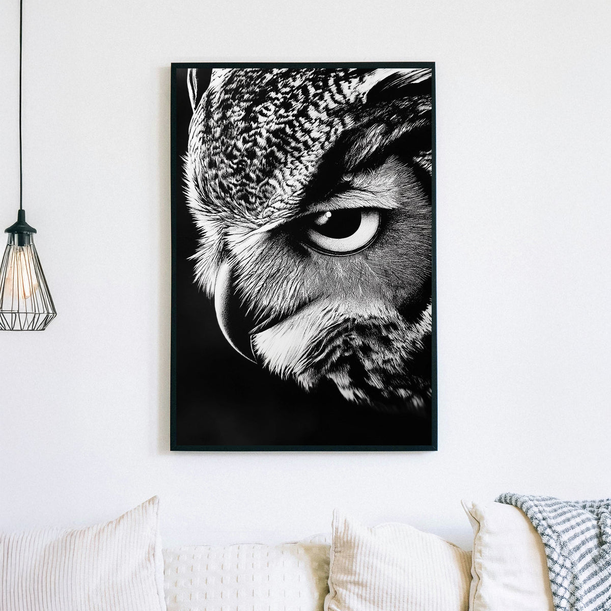 High-contrast black and white owl close-up wall art with intense gaze.