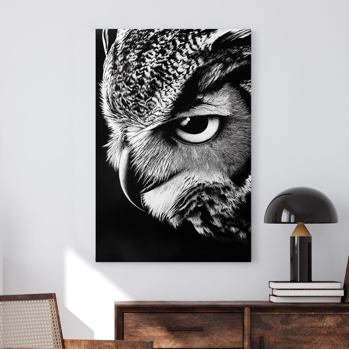 High-contrast black and white owl close-up wall art with intense gaze.