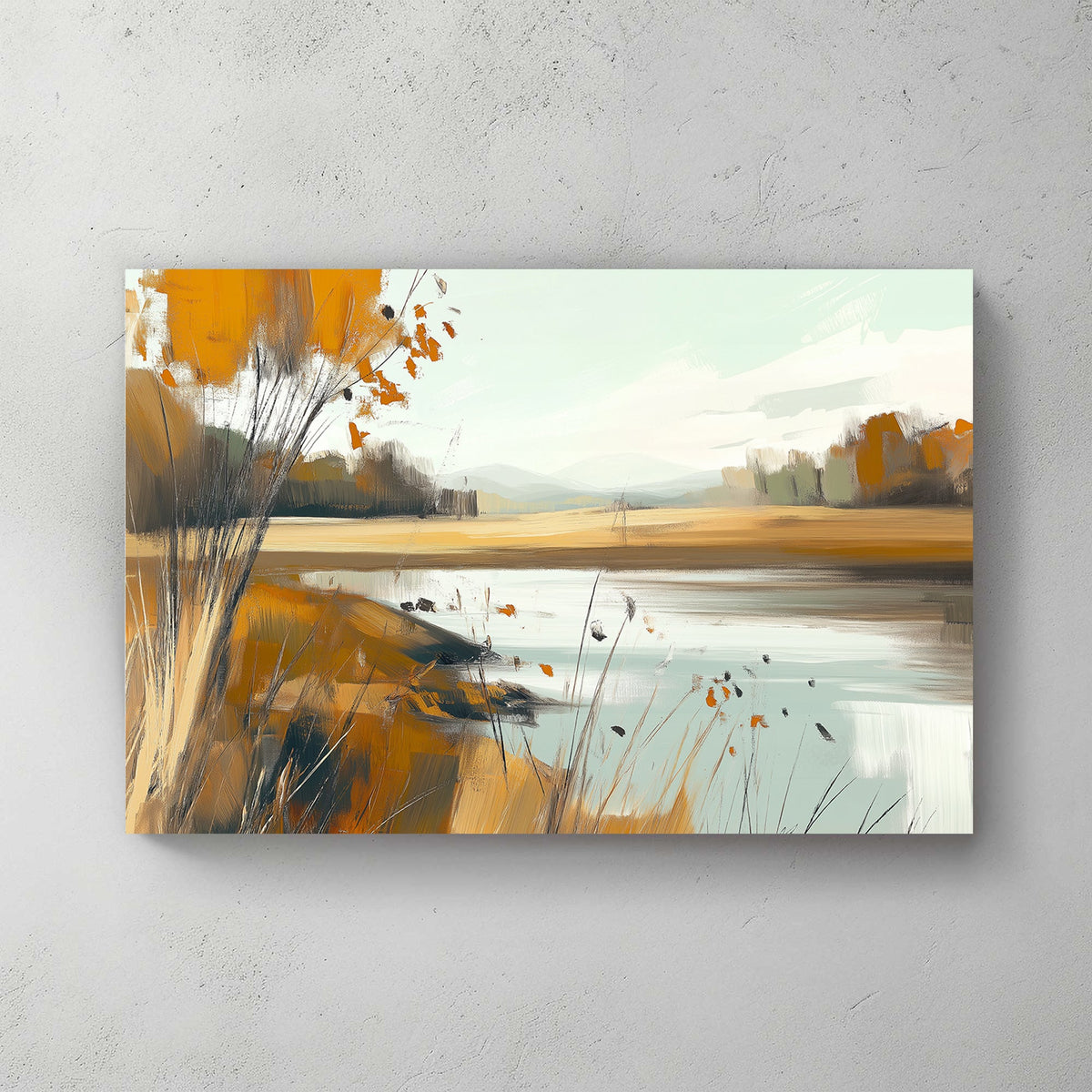 Impressionist autumn landscape wall art featuring a serene lake and golden foliage.