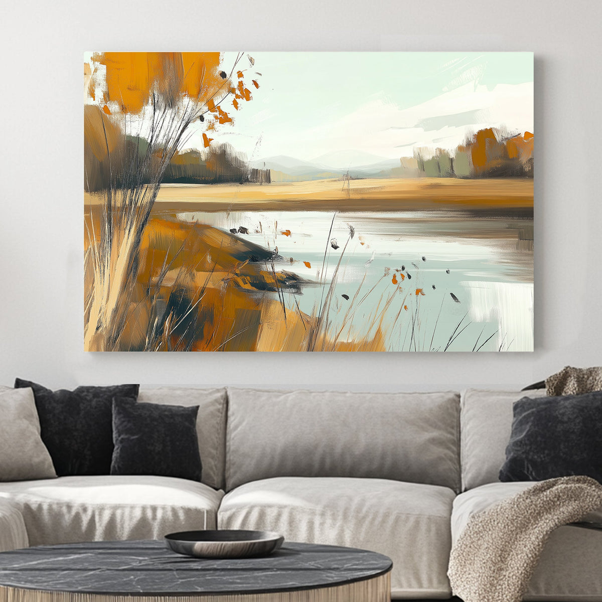 Impressionist autumn landscape wall art featuring a serene lake and golden foliage.