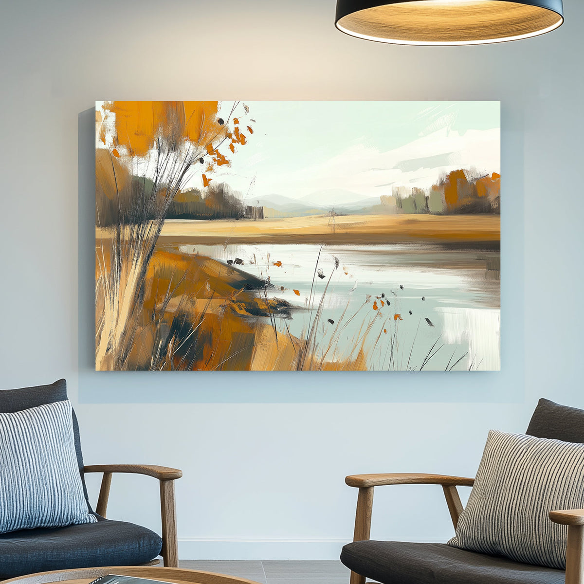 Impressionist autumn landscape wall art featuring a serene lake and golden foliage.