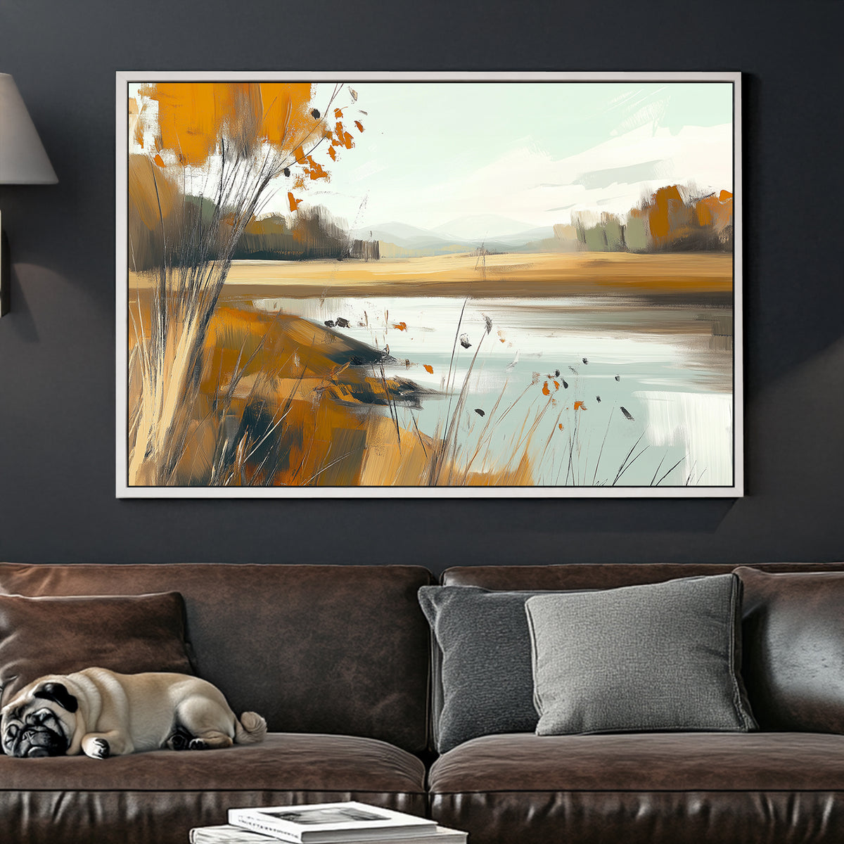Impressionist autumn landscape wall art featuring a serene lake and golden foliage.