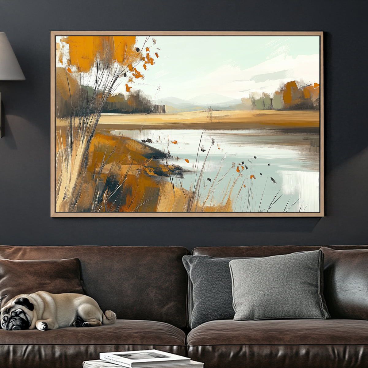 Impressionist autumn landscape wall art featuring a serene lake and golden foliage.