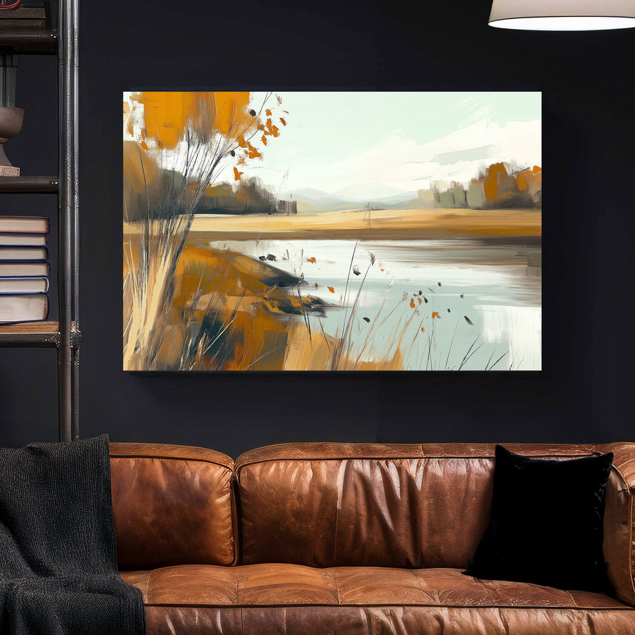 Impressionist autumn landscape wall art featuring a serene lake and golden foliage.