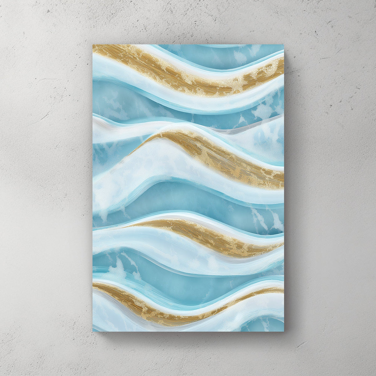 Abstract ocean waves wall art with gold and blue tones.