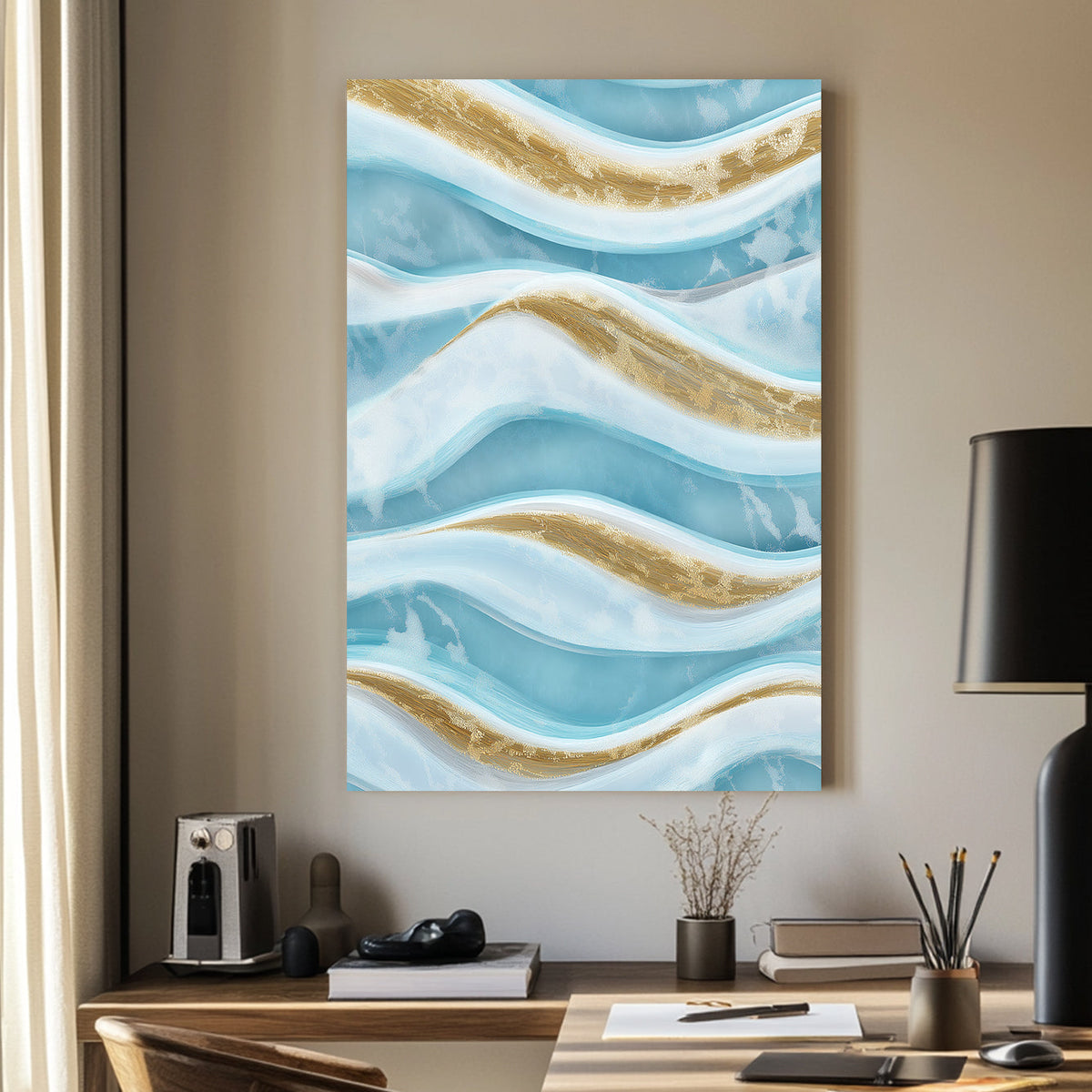 Abstract ocean waves wall art with gold and blue tones.