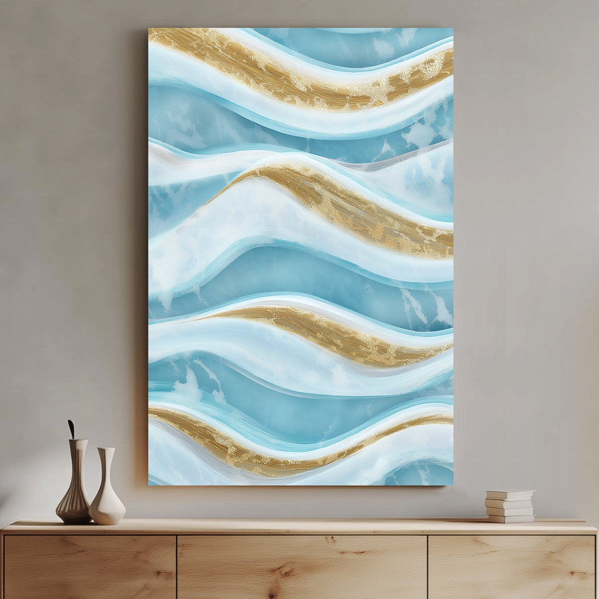 Abstract ocean waves wall art with gold and blue tones.