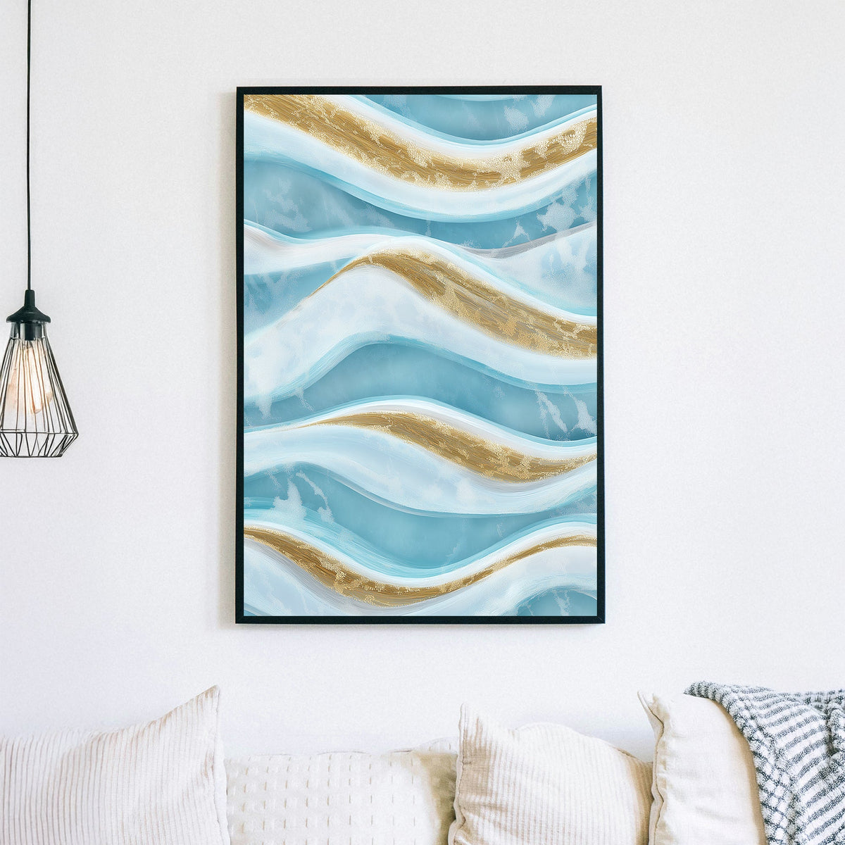 Abstract ocean waves wall art with gold and blue tones.