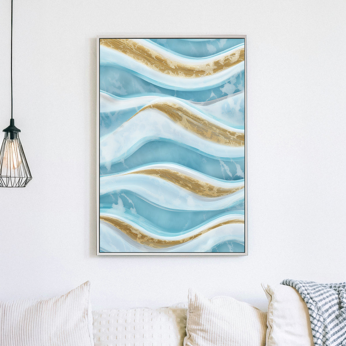 Abstract ocean waves wall art with gold and blue tones.