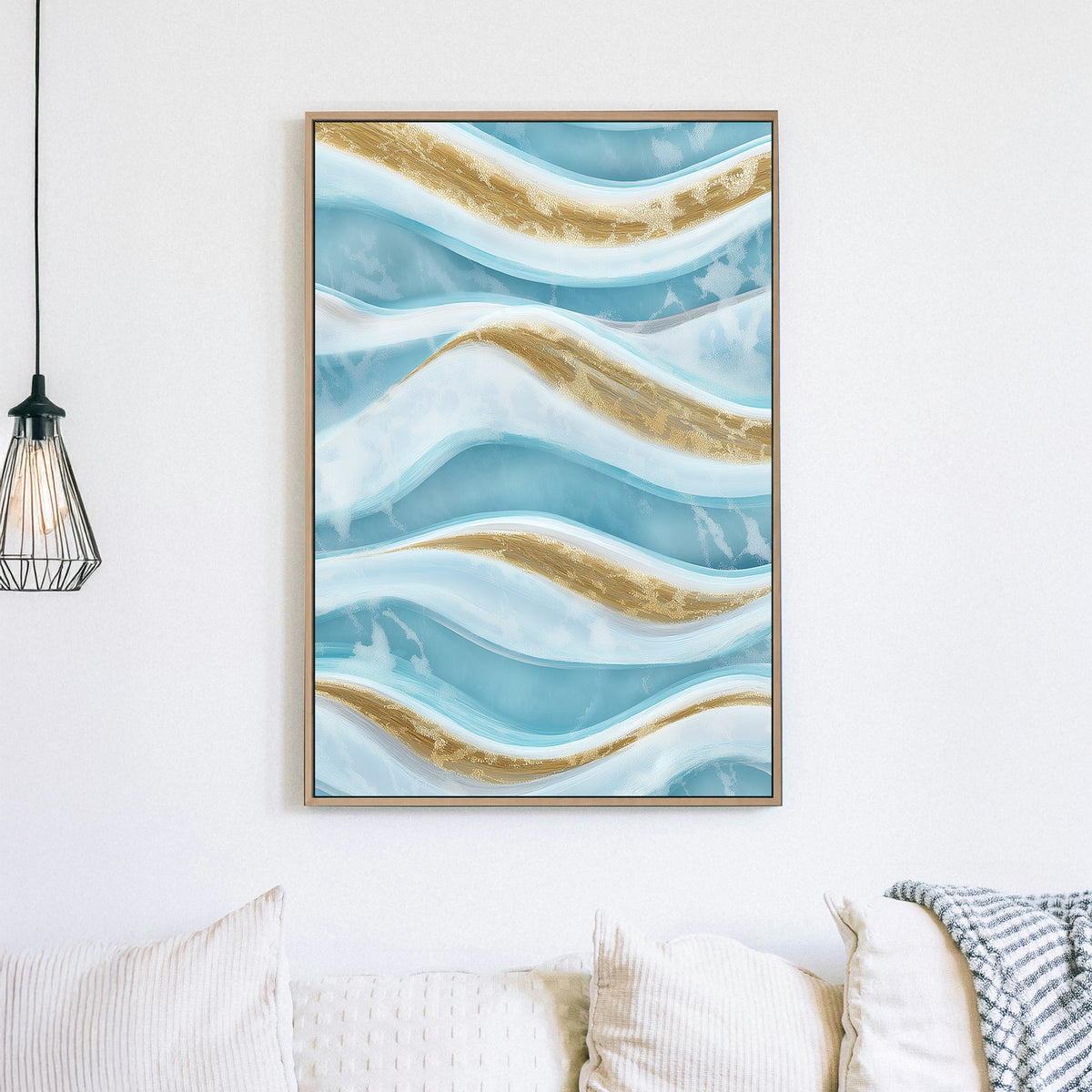 Abstract ocean waves wall art with gold and blue tones.