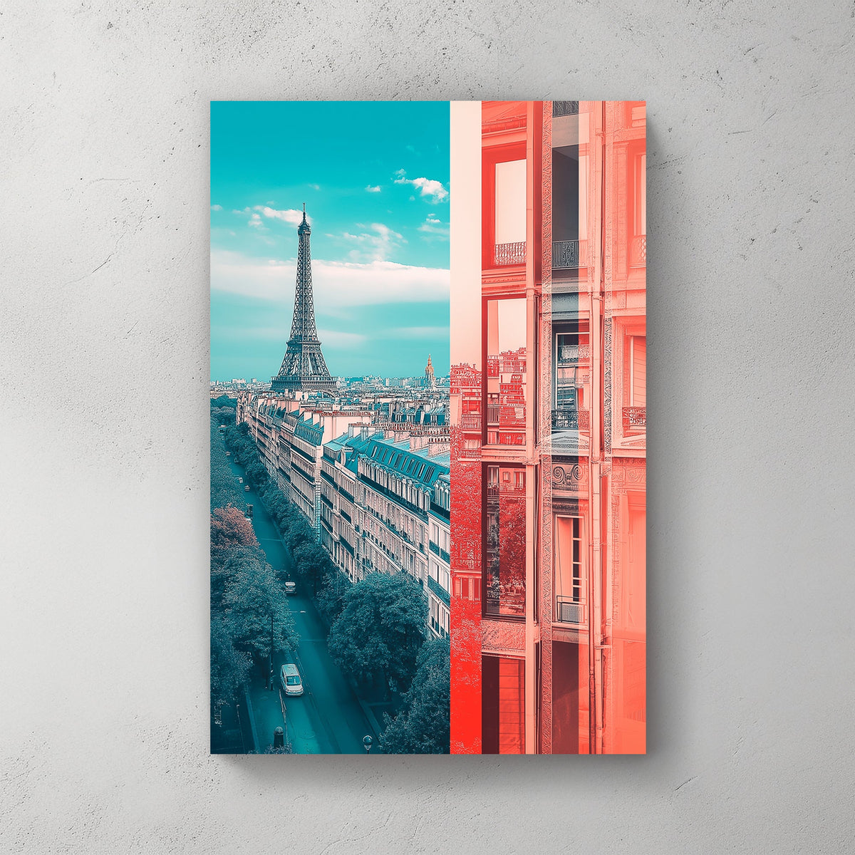 Modern Paris wall art with Eiffel Tower and abstract architectural contrast.