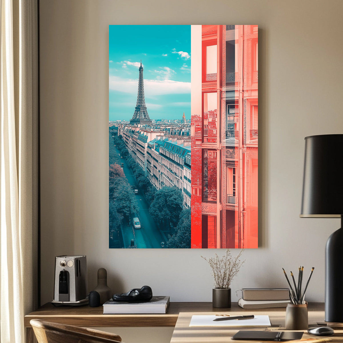 Modern Paris wall art with Eiffel Tower and abstract architectural contrast.