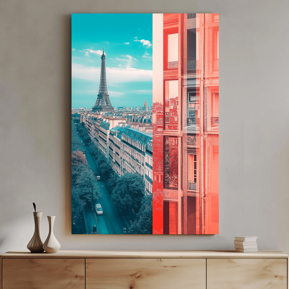 Modern Paris wall art with Eiffel Tower and abstract architectural contrast.