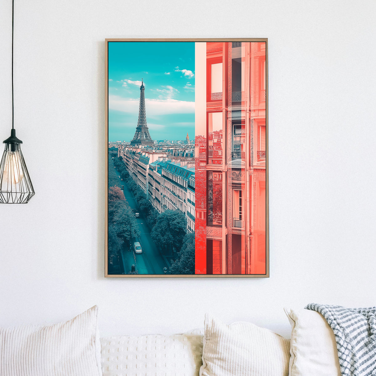 Modern Paris wall art with Eiffel Tower and abstract architectural contrast.