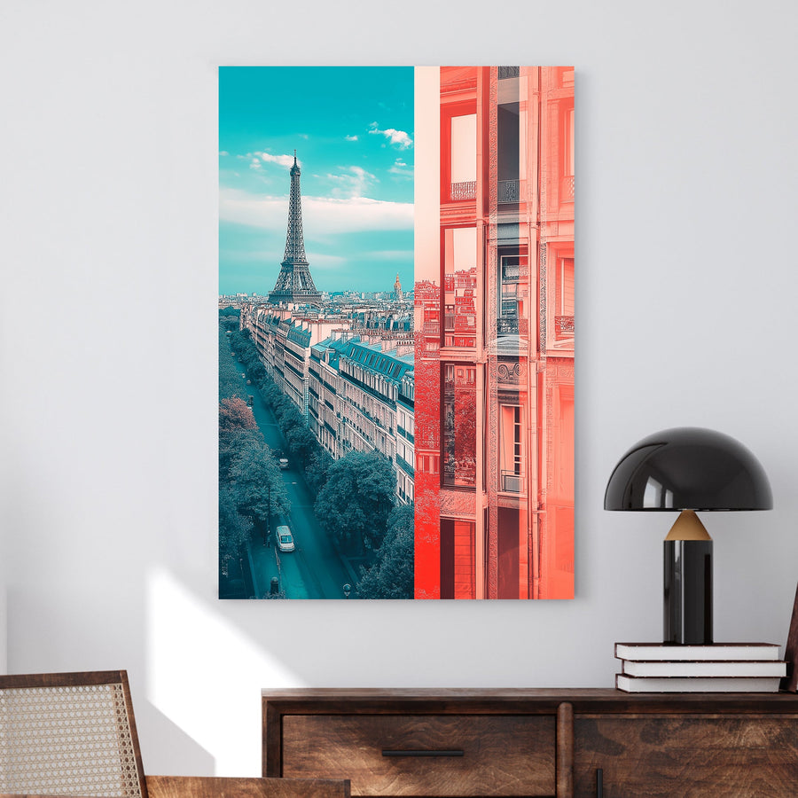 Modern Paris wall art with Eiffel Tower and abstract architectural contrast.