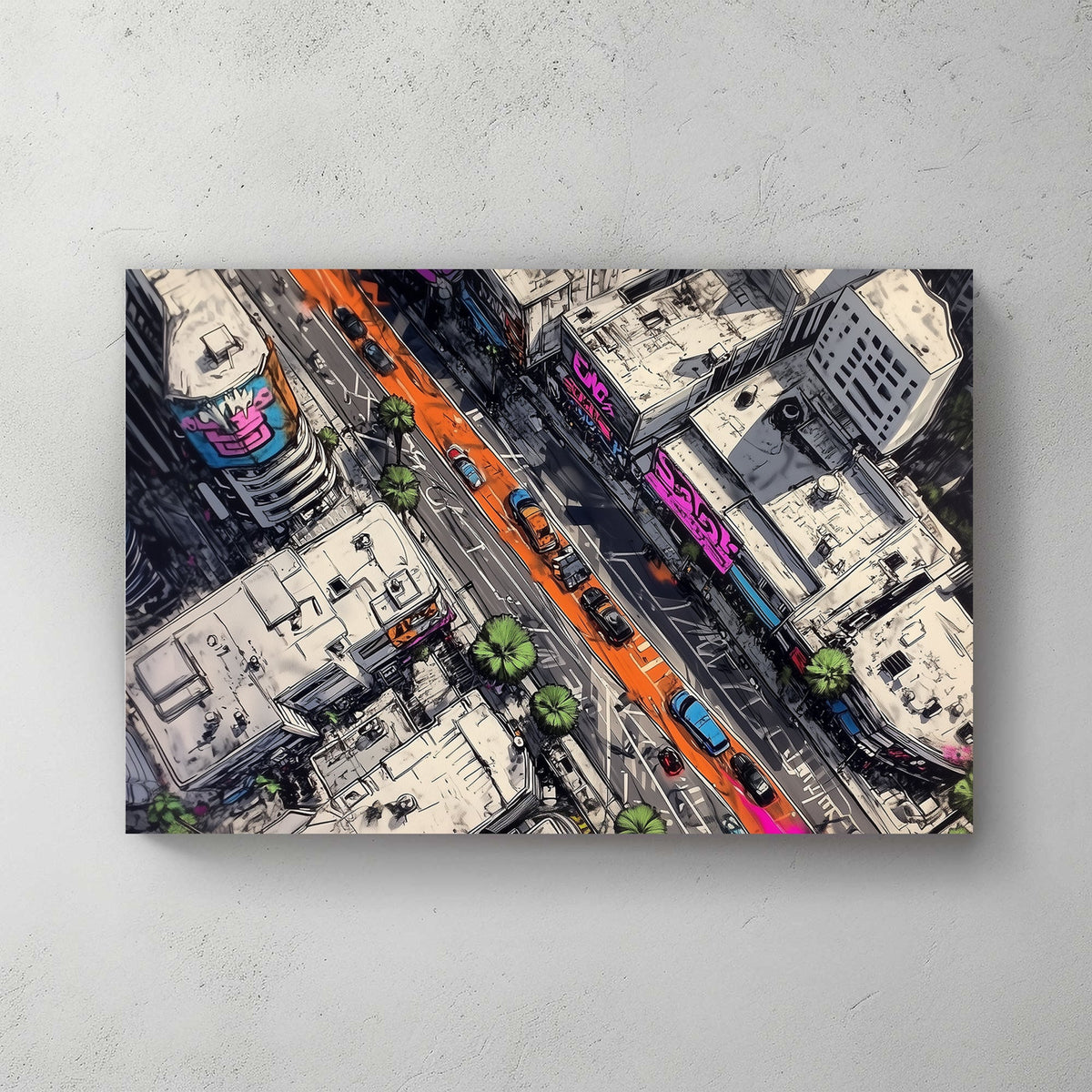 Vibrant cityscape wall art with neon lights and aerial urban streets.