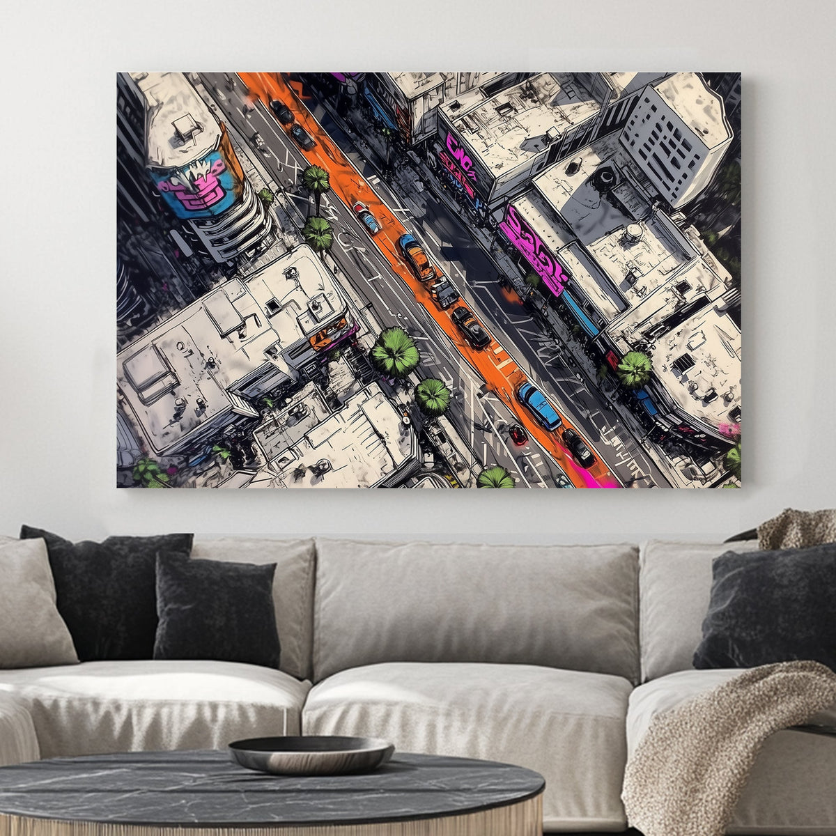 Vibrant cityscape wall art with neon lights and aerial urban streets.