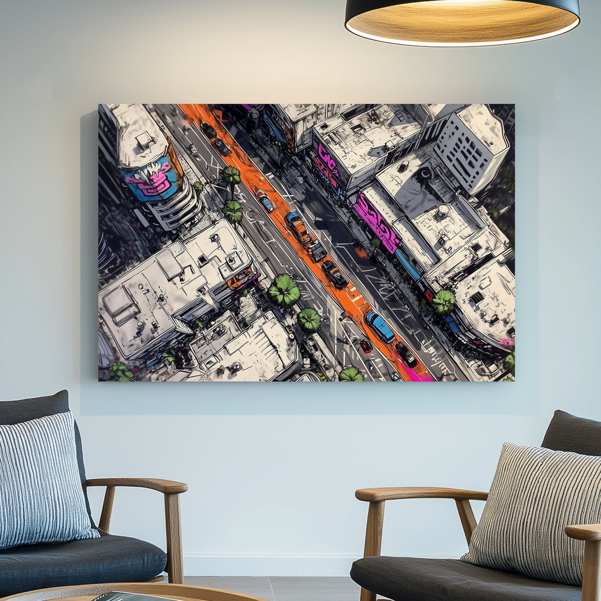 Vibrant cityscape wall art with neon lights and aerial urban streets.