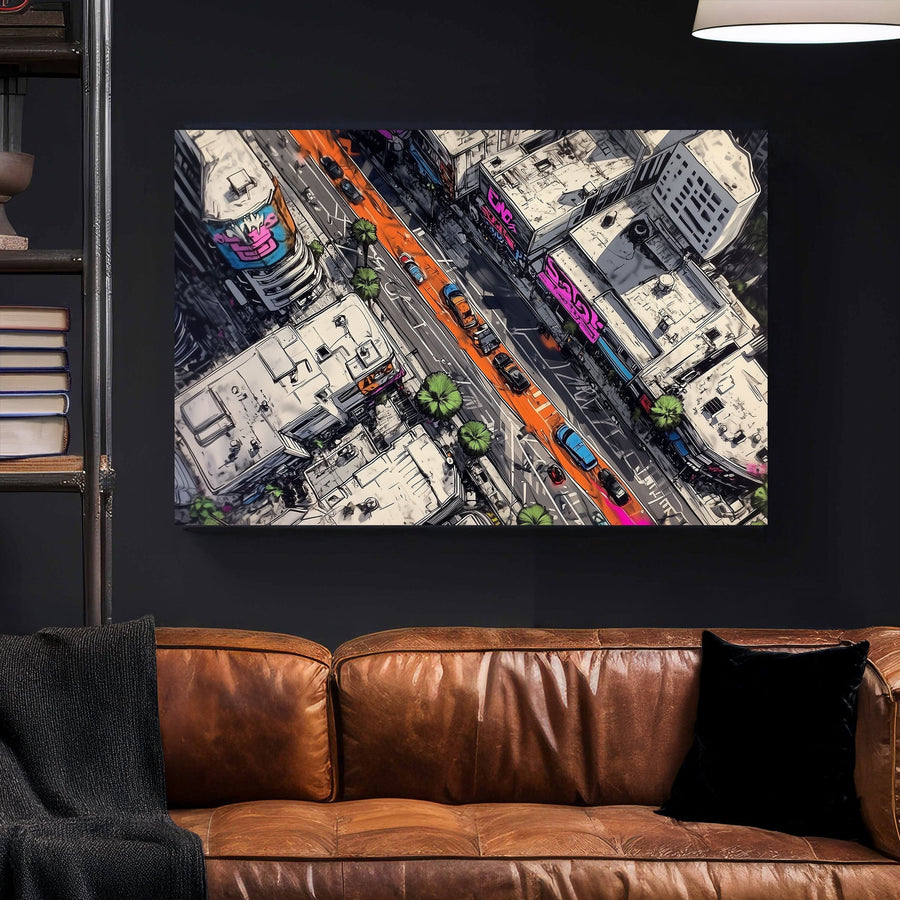 Vibrant cityscape wall art with neon lights and aerial urban streets.