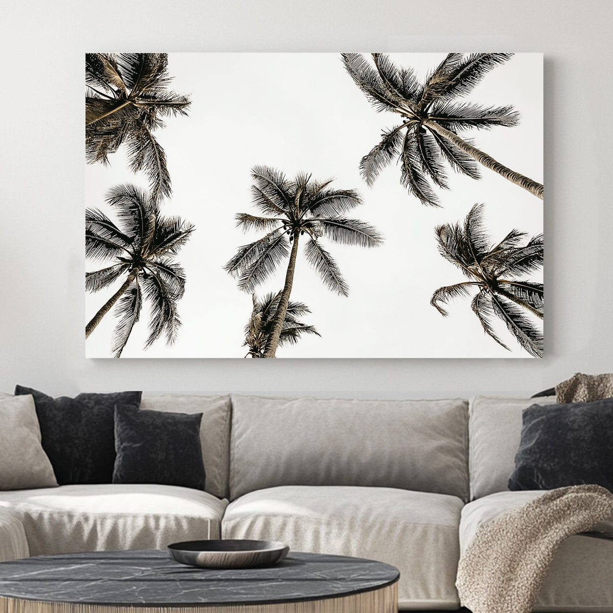 Minimalist palm tree wall art with a tropical skyward view.