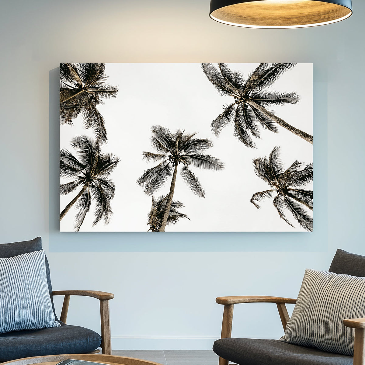Minimalist palm tree wall art with a tropical skyward view.