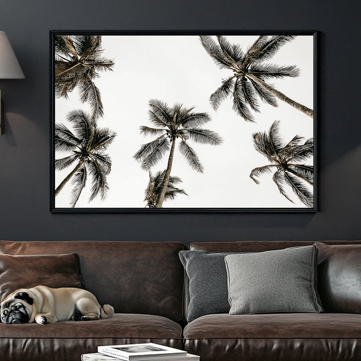 Minimalist palm tree wall art with a tropical skyward view.