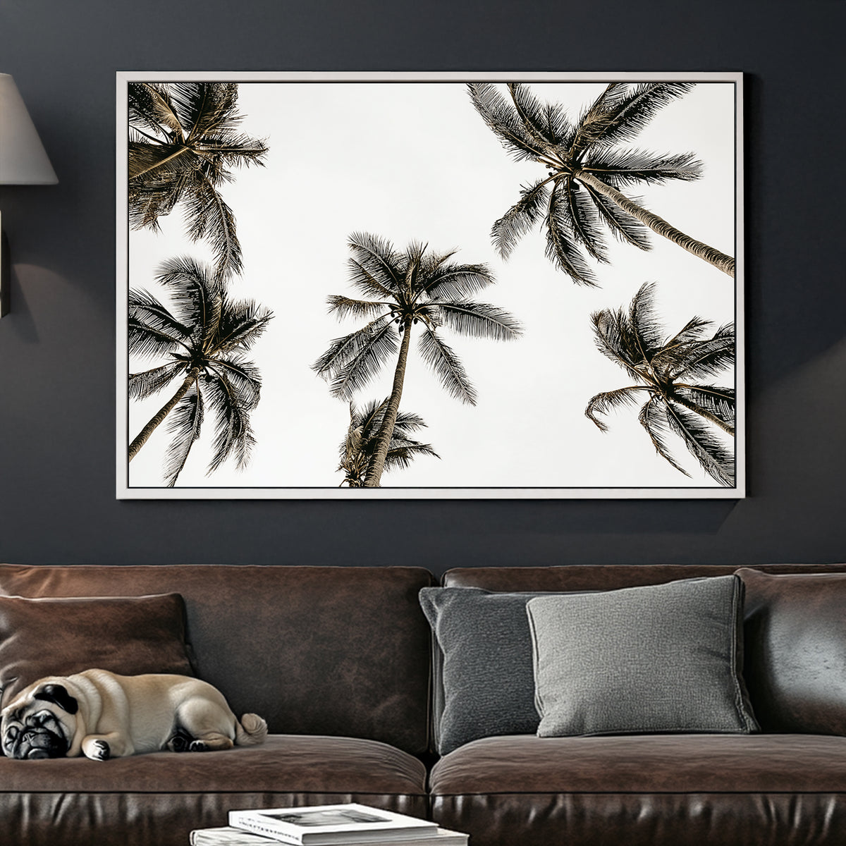 Minimalist palm tree wall art with a tropical skyward view.