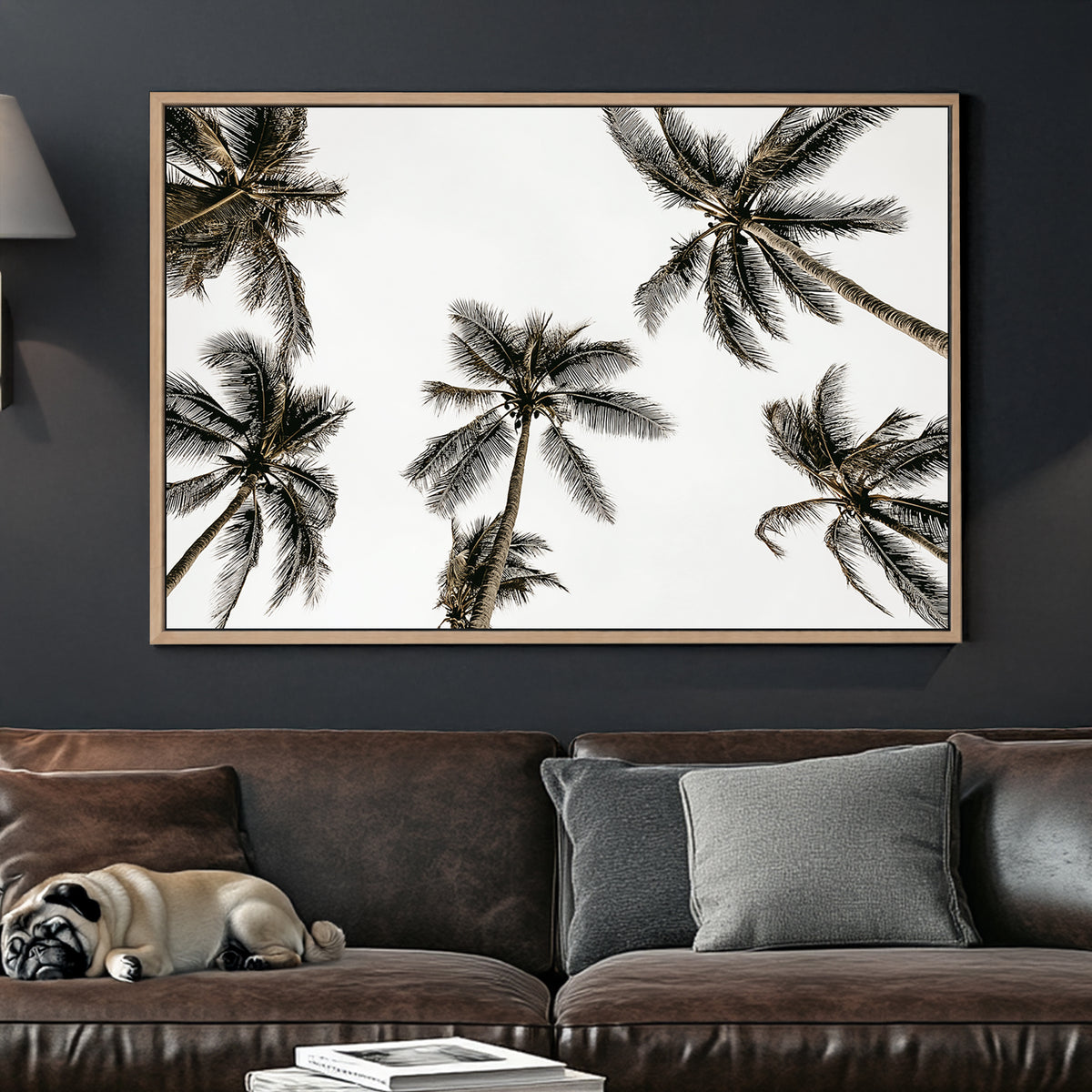 Minimalist palm tree wall art with a tropical skyward view.