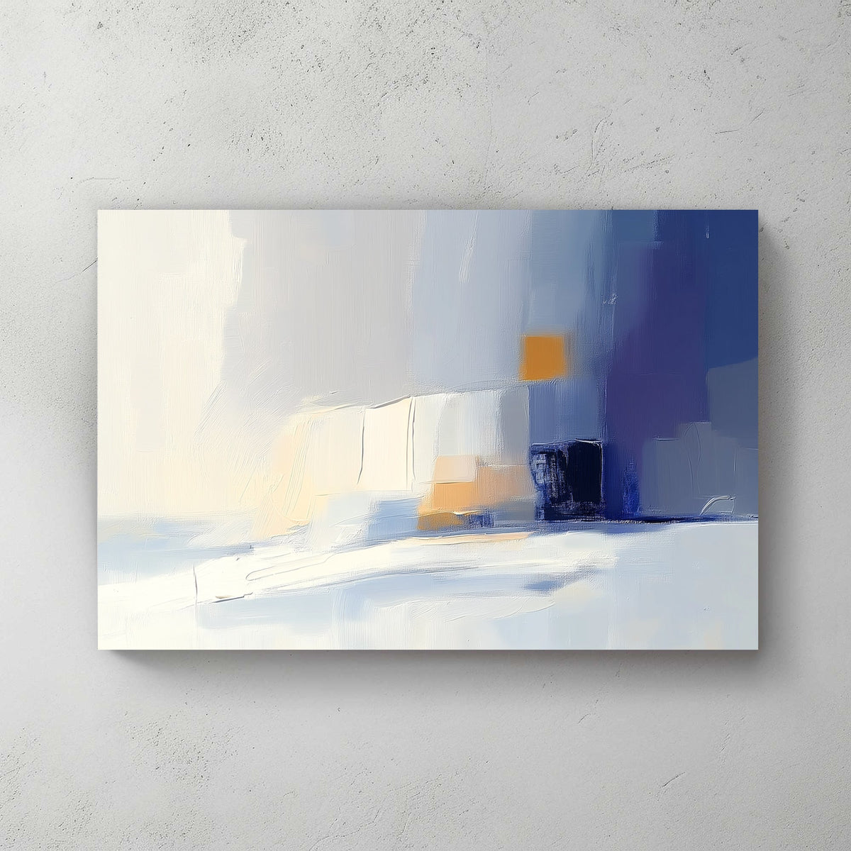 Minimalist abstract wall art with soft blues and warm gold accents.