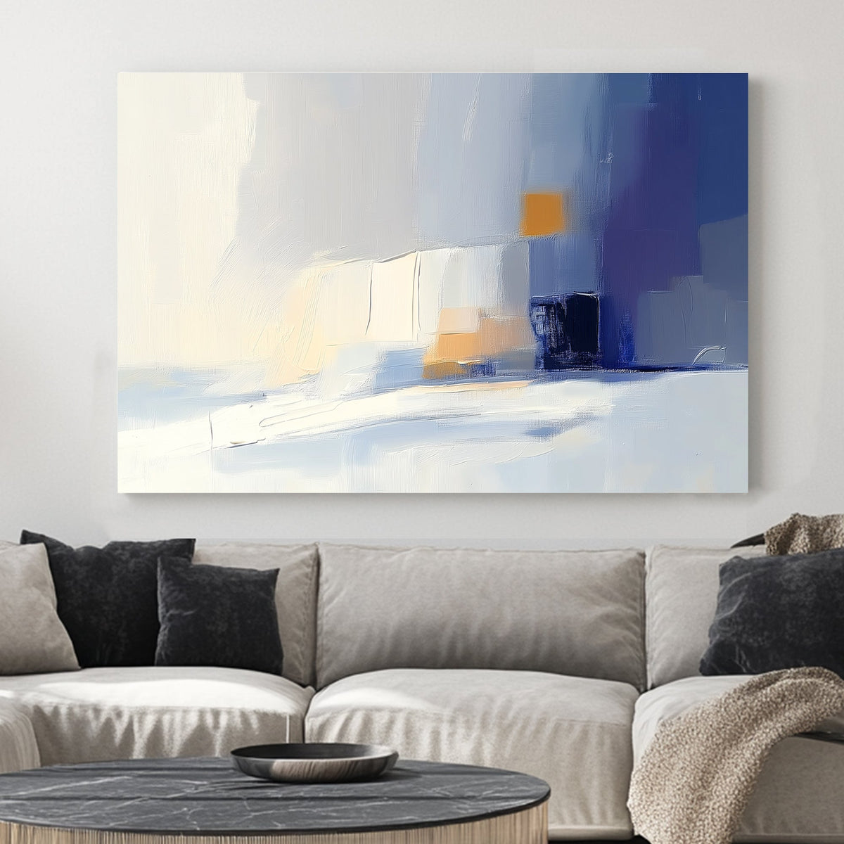 Minimalist abstract wall art with soft blues and warm gold accents.