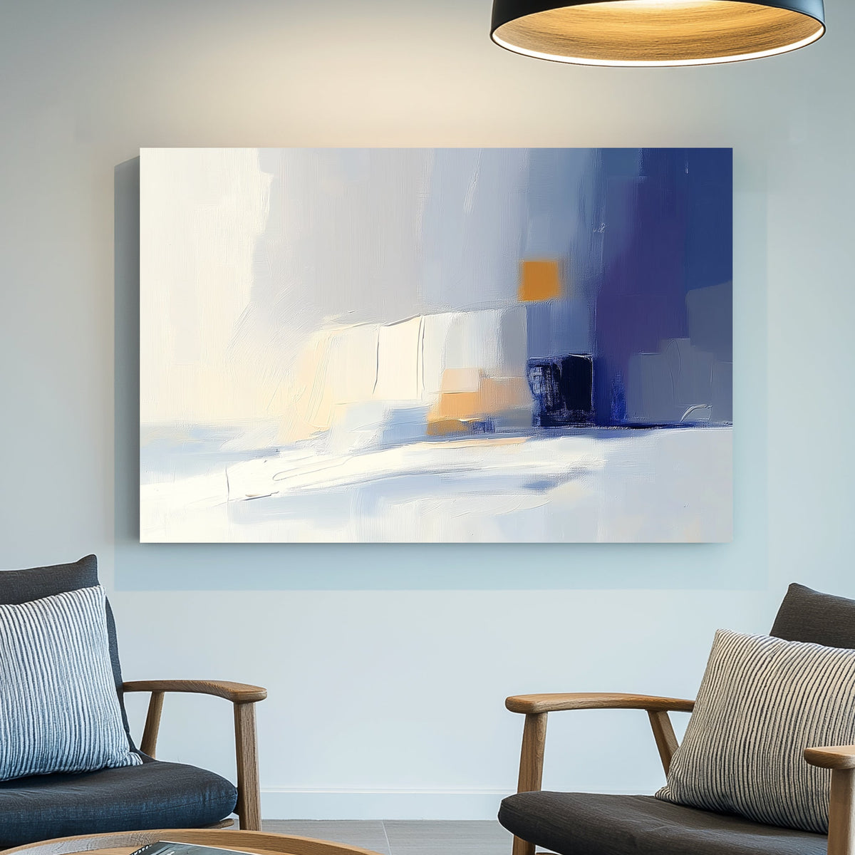Minimalist abstract wall art with soft blues and warm gold accents.