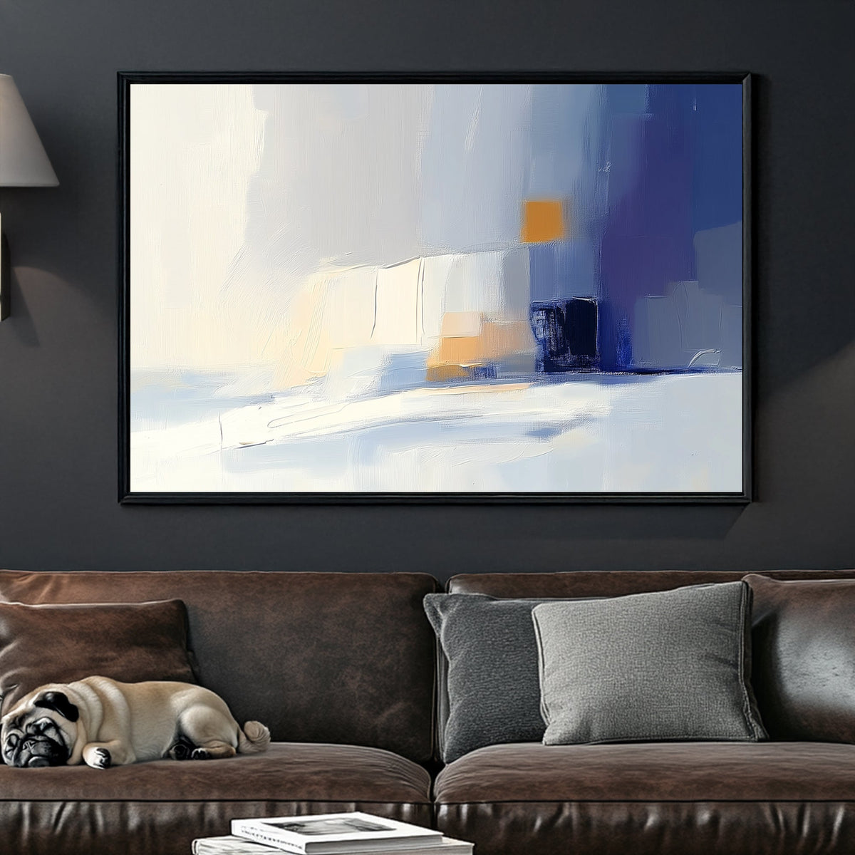 Minimalist abstract wall art with soft blues and warm gold accents.